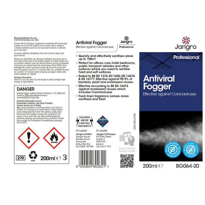 Jangro Antiviral Fogger 200ml - BG064-20 | Kills 99.9% of Germs & Viruses