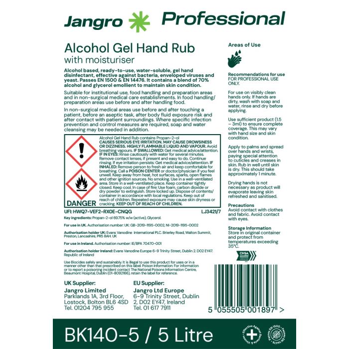 Jangro Alcohol Hand Gel Rub 5L BK140-5