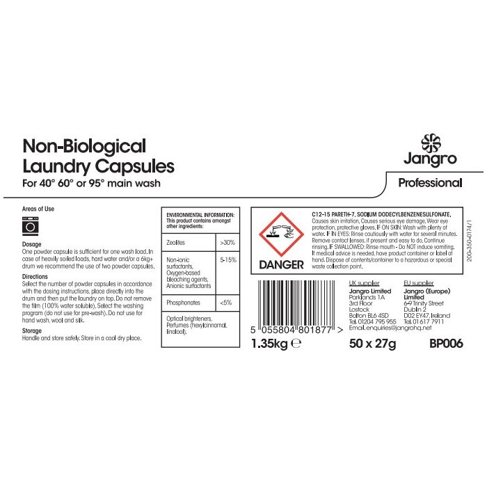 Jangro Enviro Non-Bio Laundry Capsules Pack 50 - BP006 | Sensitive Skin Safe