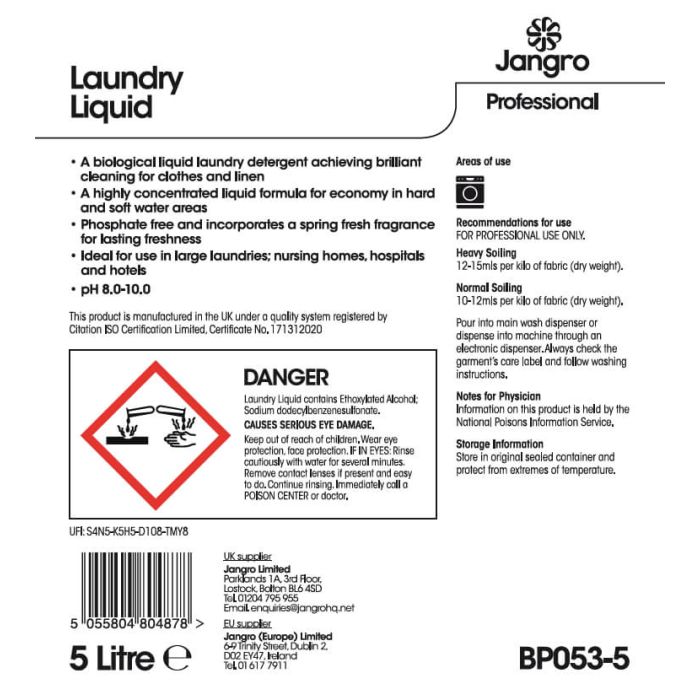 Jangro Laundry Liquid 5L – BP053-5 | High-Performance Detergent for All Machines
