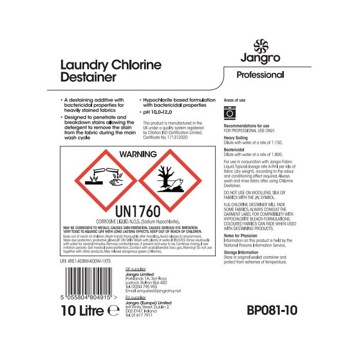 Jangro Laundry Chlorine Destainer 10L - BP081-10 | Powerful Fabric Stain Remover