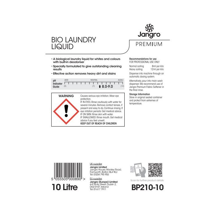 Jangro Premium Bio Laundry Liquid 10L - BP210-10 | Enzyme-Powered Commercial Detergent