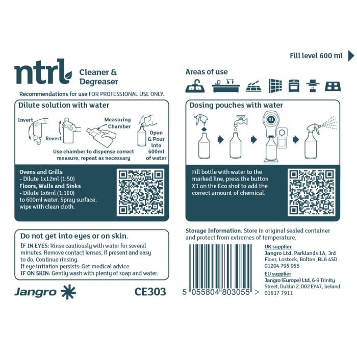 Empty Trigger Bottle for Jangro NTRL Cleaner & Degreaser - CE303 | Reusable & Eco-Friendly