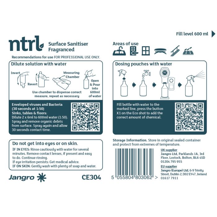 Empty Trigger Bottle for Jangro NTRL Surface Sanitiser Fragranced - CE304 (104494) | 600ml Reusable Spray Bottle
