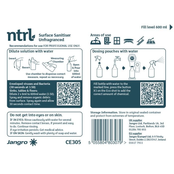 Empty Trigger Bottle for Jangro NTRL Surface Sanitiser – CE305 | 600ml Reusable Spray