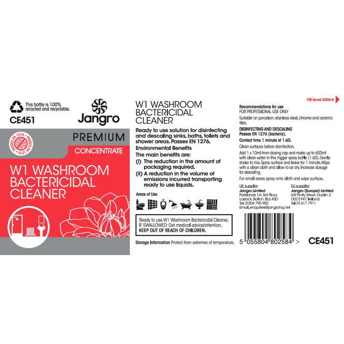 Jangro Enviro W1 Washroom Cleaner Trigger Bottle - CE451 | Reusable & Colour-Coded