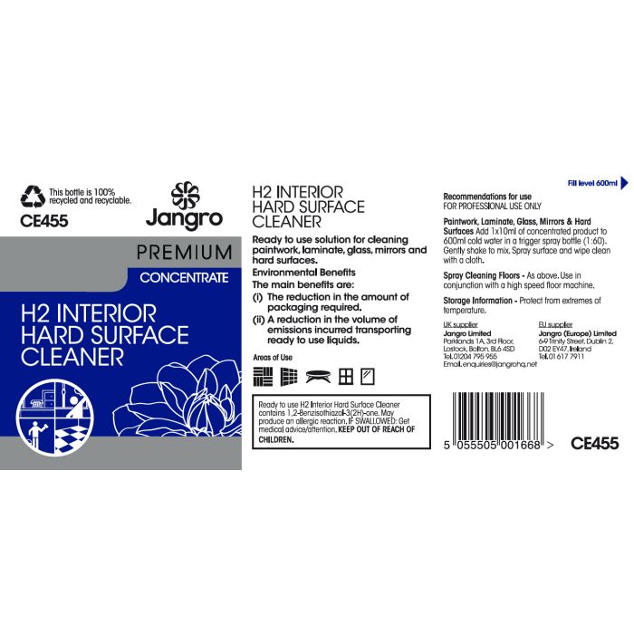 Jangro Enviro H2 Hard Surface Cleaner Trigger Bottle – CE455 | Reusable & Eco-Friendly