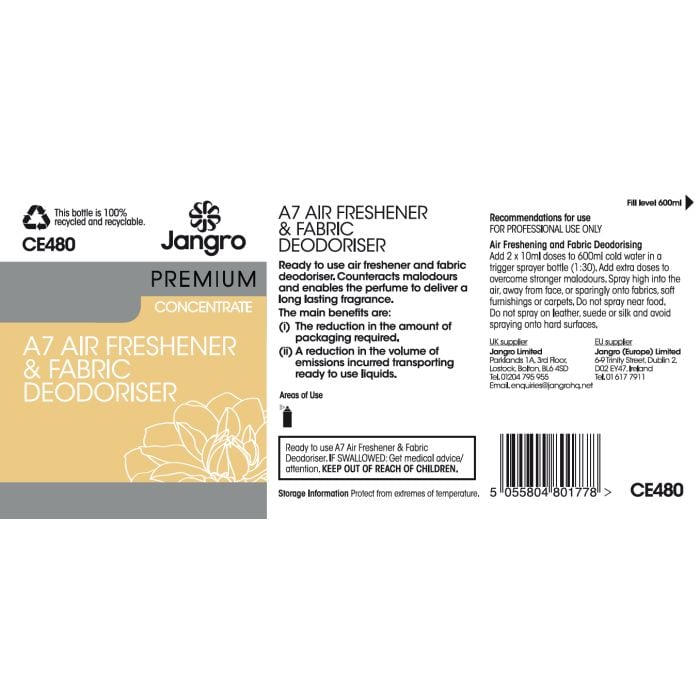 Jangro Enviro A7 Air Fresh & Fabric Deodoriser Trigger Bottle - CE480 | Reusable & Colour-Coded