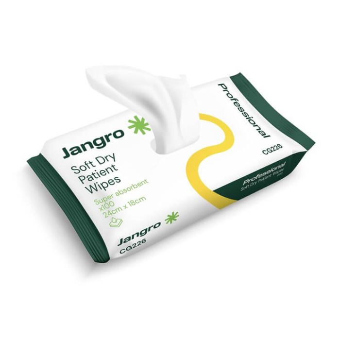 Jangro Soft Dry Patient Wipes packaging, featuring a 100 pack of 24x18cm wipes.