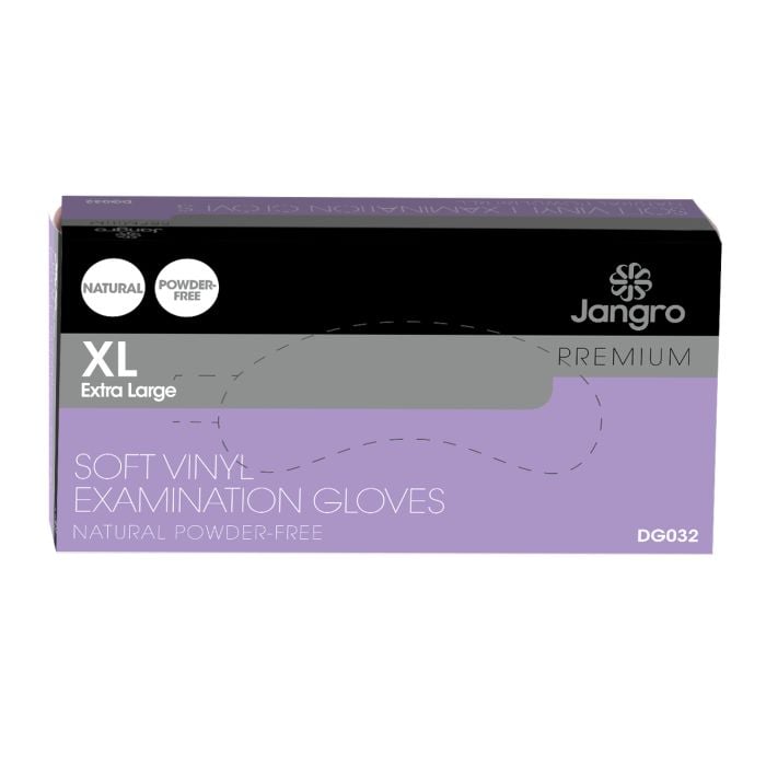Packaging for Jangro Soft Vinyl Examination Gloves, Extra Large, Powder-Free, 100 count.