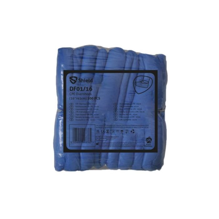 16″ Blue Disposable Overshoes – packaging for 100 protective shoe covers.