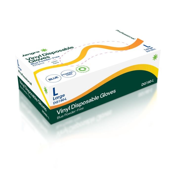 Packaging for Jangro Blue Vinyl Disposable Gloves, Large, Powder-Free, 100 Pack.