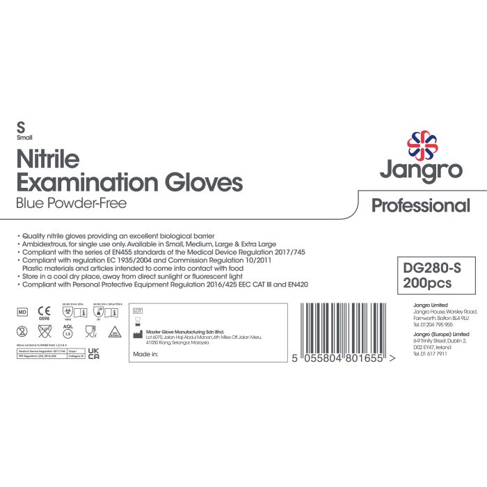 Packaging for Jangro Blue Powder-Free Nitrile Examination Gloves, size small, 200 pieces.