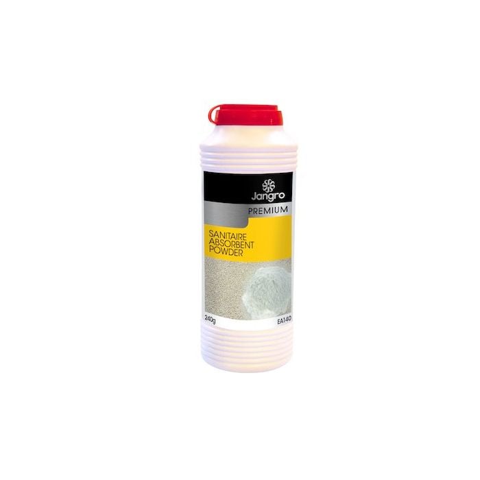Sanitaire Body Spill Powder 240g – absorbent powder for emergency hygiene use.