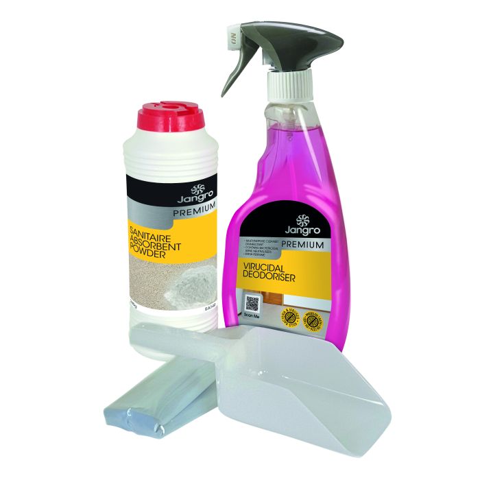 Jangro Emergency Spill Kit EA145 – includes absorbent powder, virucidal deodoriser, and scoop.