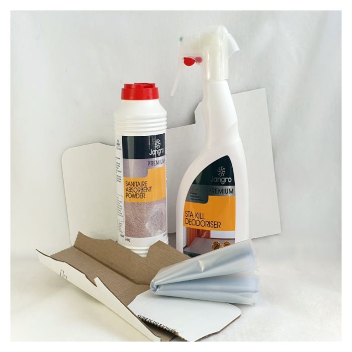 Jangro Emergency Spill Kit EA145 – includes absorbent powder and deodoriser for biohazard clean-up.