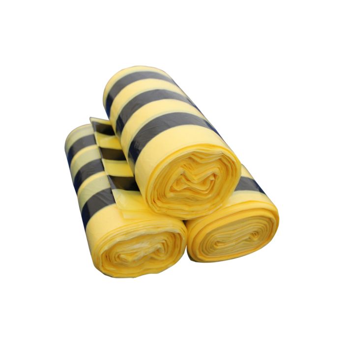 Yellow Tiger Stripe Clinical Waste Sacks 90L x250 – packaging for hazardous waste disposal.