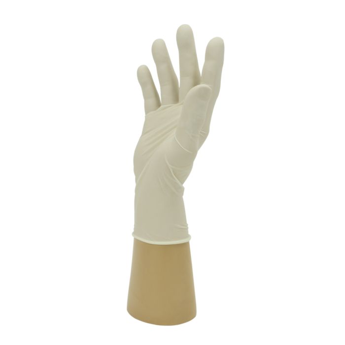 Latex Powdered Gloves Medium x100 - DG155-M | GD45 Disposable Gloves displayed on a hand model.