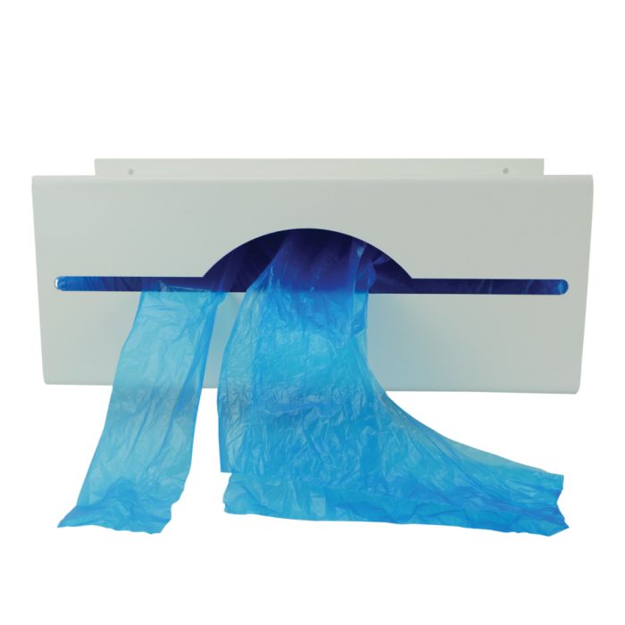 Wall-mounted apron dispenser for disposable aprons, featuring blue plastic aprons.