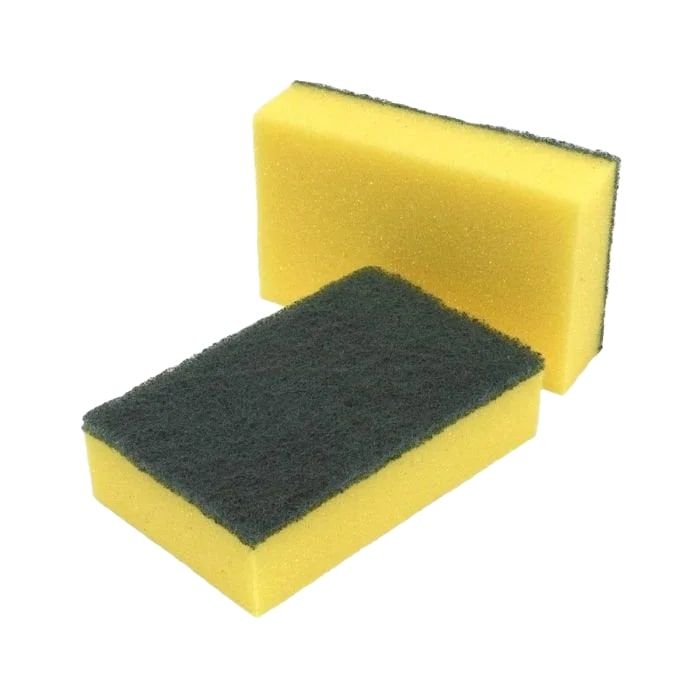 Sponge Scourers H/D Large 15cmx10cm – pack of 10, featuring yellow sponges with green scrubbing pads.