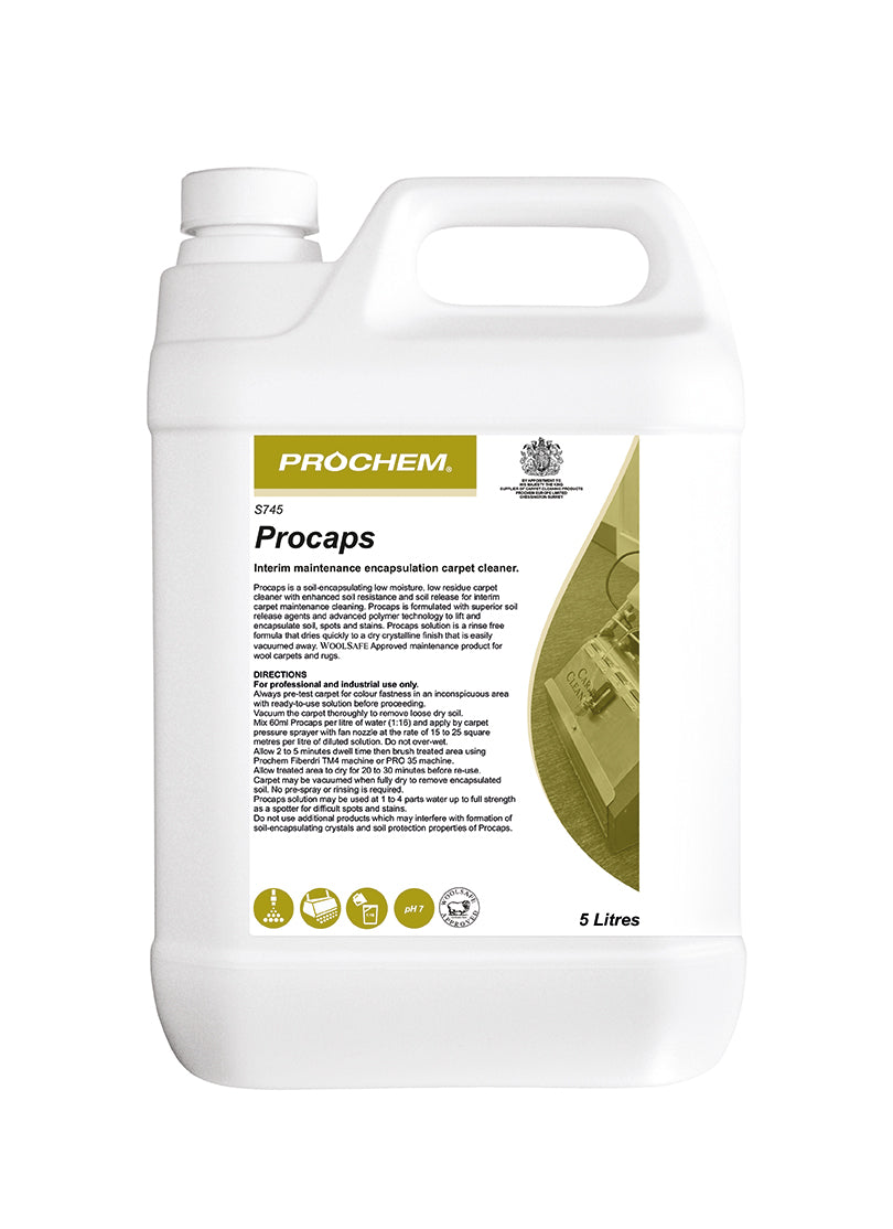 Prochem Procaps 5L – encapsulation carpet cleaner with usage instructions and product details.