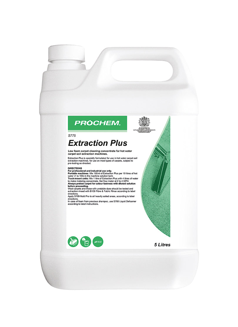 Prochem Extraction Plus 5L – professional carpet extraction detergent with usage instructions.