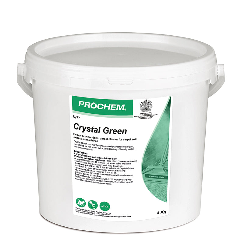 Prochem Crystal Green Powder 4kg – heavy-duty carpet extraction detergent packaging.