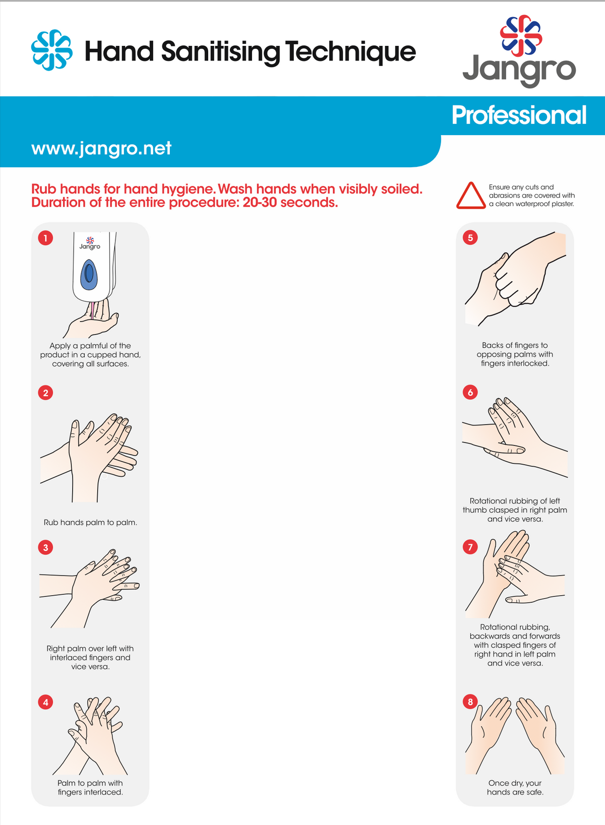 Hand sanitising technique instructions for XA601 by Jangro, detailing proper hand hygiene steps.