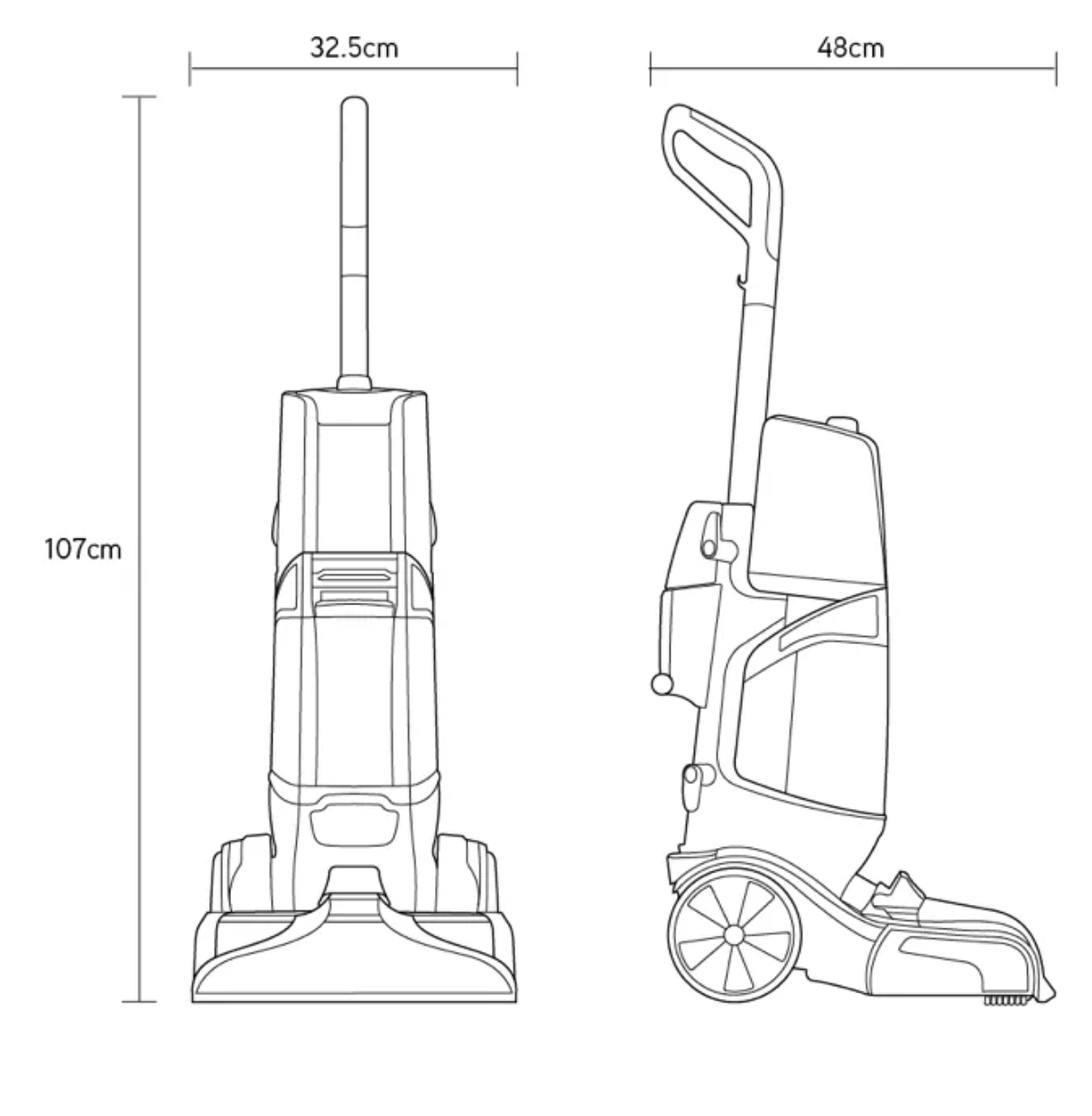 Vax Platinum SmartWash Carpet Cleaner – dimensions illustration showing front and side views.