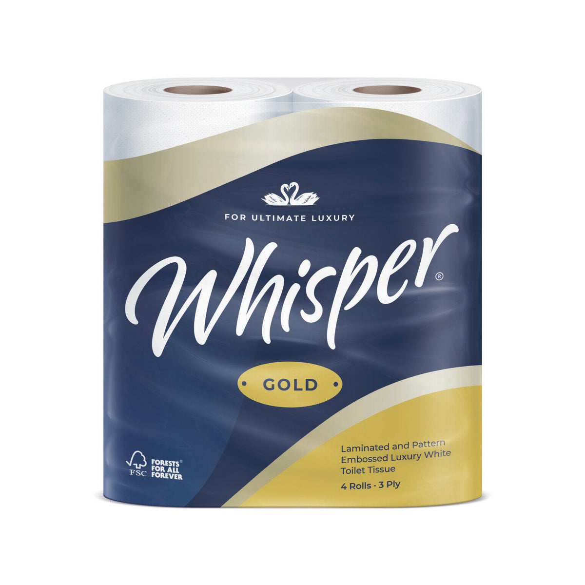 Whisper Gold Luxury Toilet Roll – premium 3-ply toilet tissue packaging with 4 rolls.