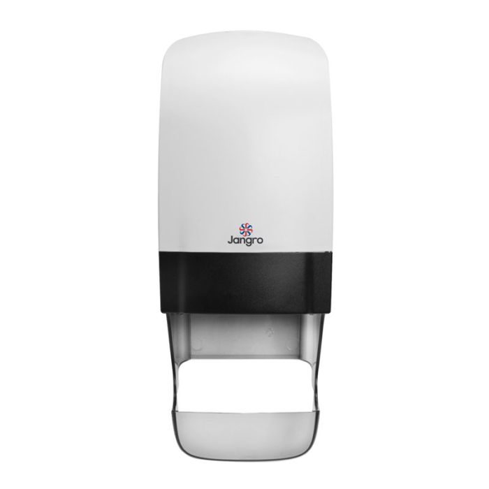 Jangromatic Dispenser in white plastic for dispensing liquid soap or sanitizer.