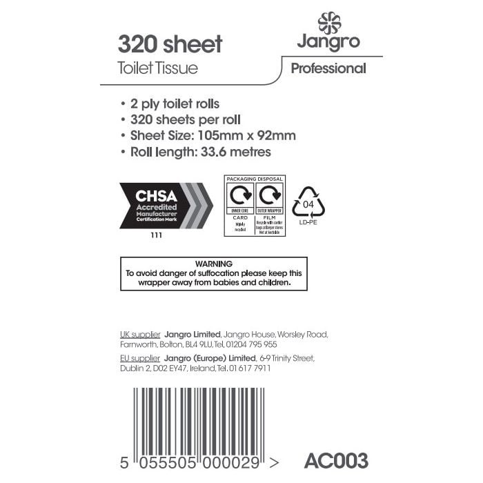 Jangro Professional 320 Sheet Toilet Roll packaging with product details and safety warning.