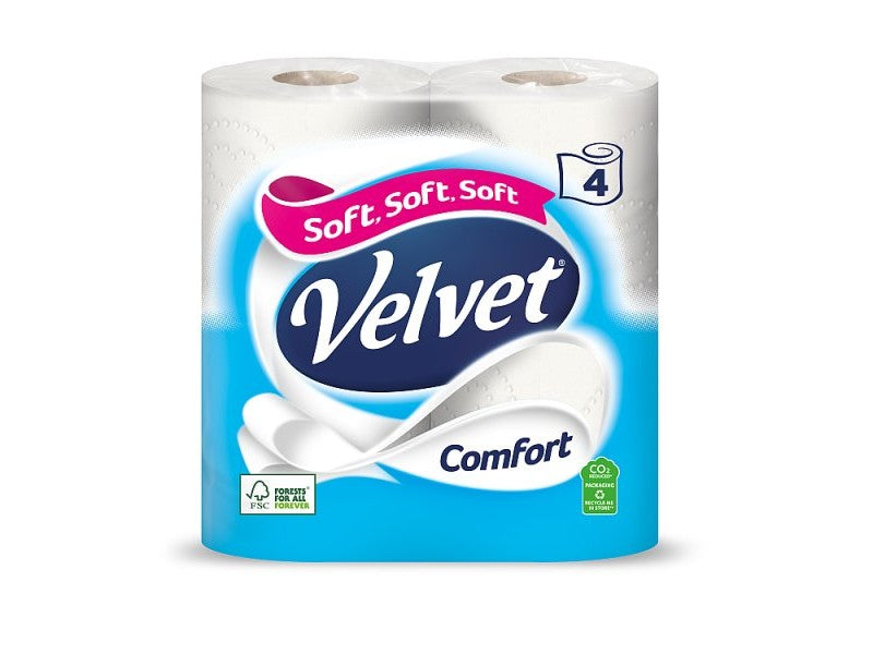 Velvet Comfort Toilet Roll – packaging for soft 2-ply toilet tissue, 210 sheets per roll.