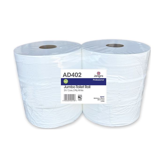 Jangro Professional Jumbo Toilet Roll 2 Ply – packaging with two rolls visible.