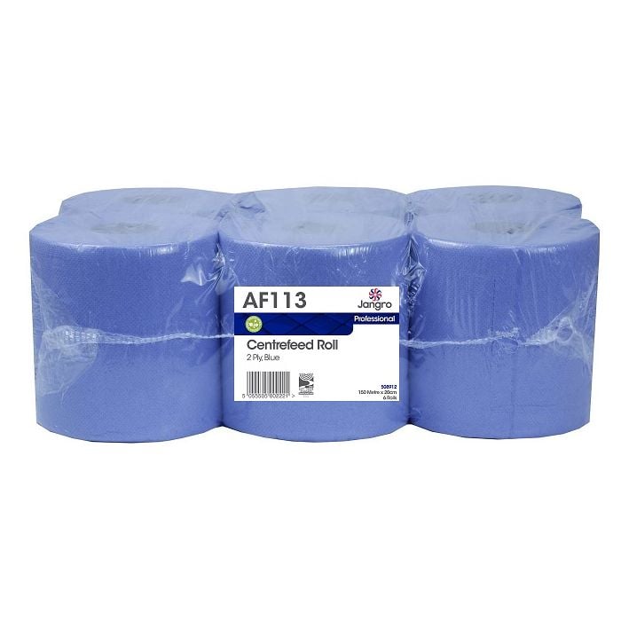 Jangro Centrefeed Roll 150M Blue 2 Ply – packaging of industrial paper towels.
