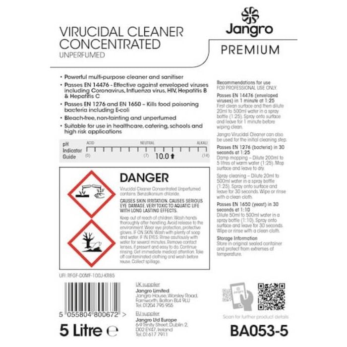 Jangro Virucidal Unperfumed Cleaner 5L (BA053-5 C500) | Powerful Fragrance-Free Disinfectant