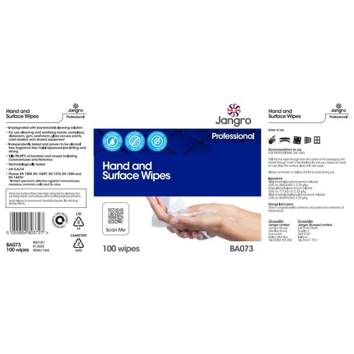 Jangro Hand & Surface Wipes x100 - BA073 | Antibacterial Cleaning Wipes