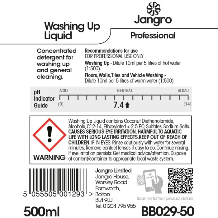 Jangro Washing Up Liquid 500ml - BB029-50 | Concentrated Manual Dishwashing Detergent
