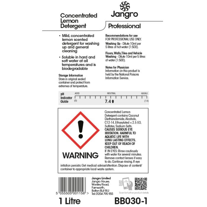 Jangro 20% Lemon Detergent 1L - BB030-1 | Manual Dishwashing & Surface Cleaner