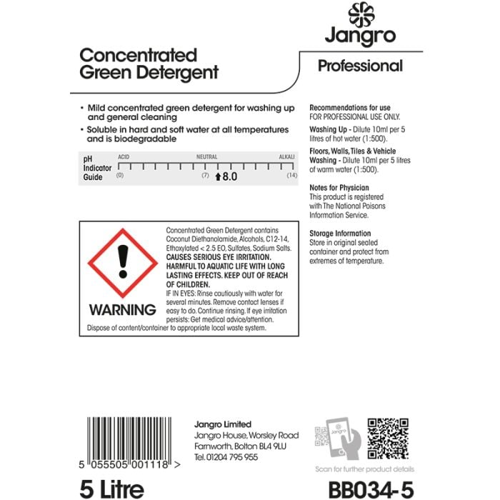 Jangro 20% Concentrated Green Detergent 5L | Heavy-Duty Cleaning Solution BB034-5