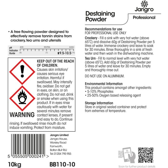 Jangro Destaining Powder 10kg BB110-10 | Tannin Stain Remover