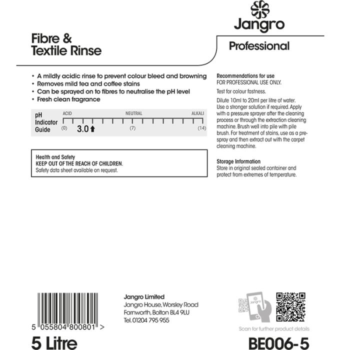 Jangro Fibre & Textile Rinse 5L - BE006-5 | Colour-Safe Carpet & Fabric Neutraliser