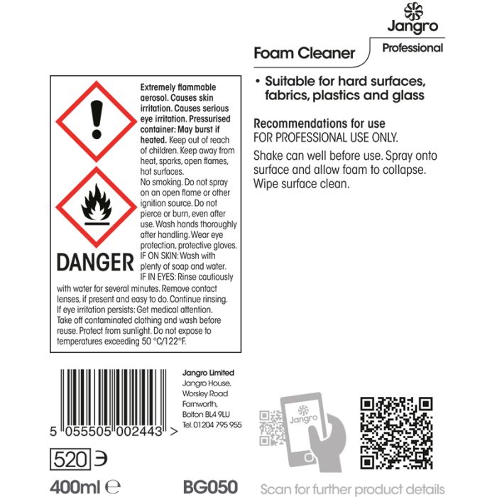 Jangro Foam Cleaner 400ml - BG050 | Multi-Surface Aerosol Cleaner