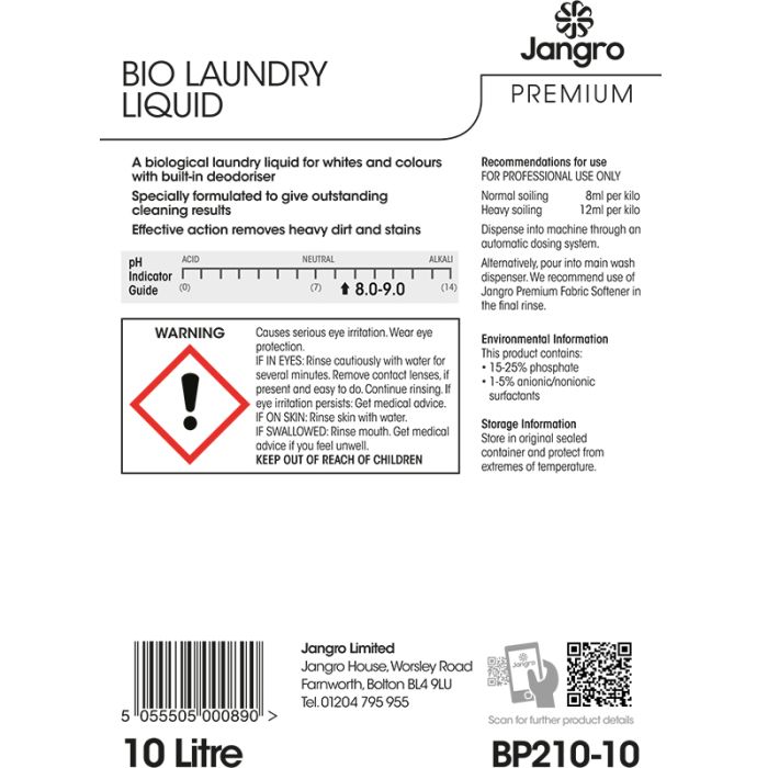Jangro Premium Bio Laundry Liquid 10L - BP210-10 | Enzyme-Powered Commercial Detergent