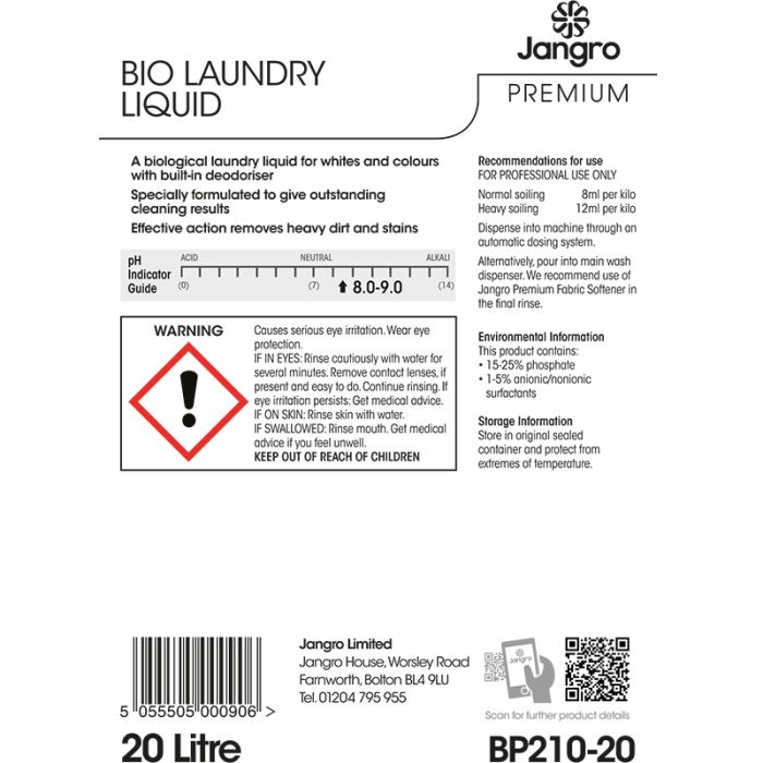 Jangro Premium Bio Laundry Liquid 20L - BP210-20 | High-Performance Commercial Detergent