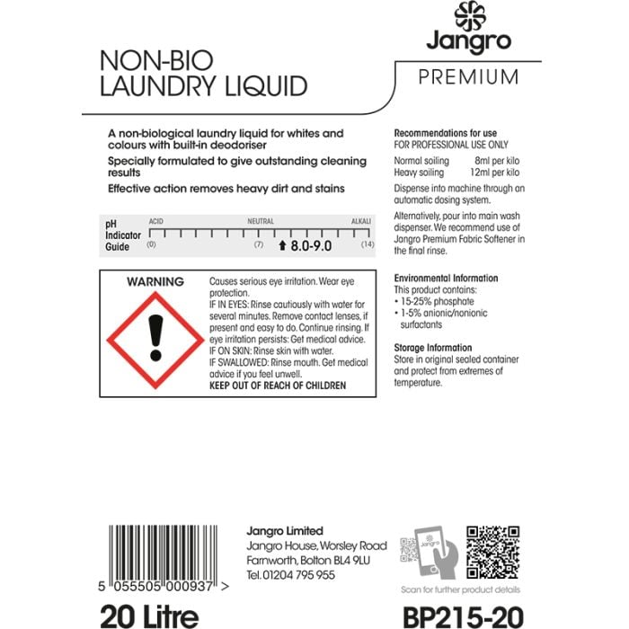 Jangro Premium Non-Bio Laundry Liquid 20L - BP215-20 | Gentle & Effective Bulk Detergent
