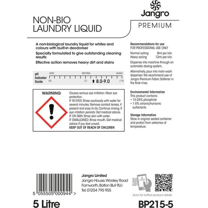 Jangro Premium Non-Bio Laundry Liquid 5L – BP215-5 | Gentle & Effective Cleaning