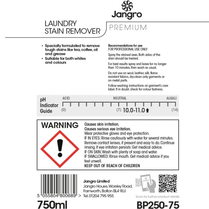 Jangro Premium Laundry Stain Remover 750ml - BP250-75 | Pre-Wash Spot Treatment for Tough Stains