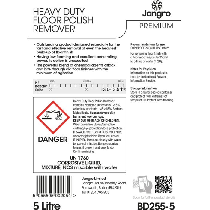 Safety warning label for Jangro Heavy Duty Floor Polish Remover, including hazard information and usage instructions.