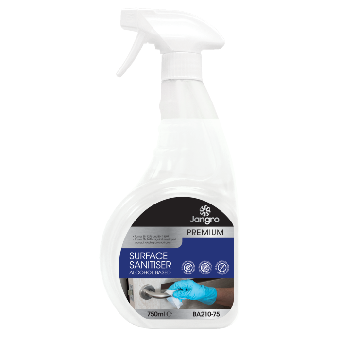 Jangro Premium Alcohol Based Surface Sanitiser 750ml – spray bottle with usage instructions.